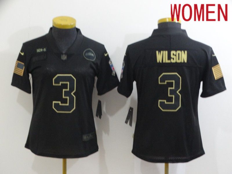 Women Seattle Seahawks #3 Wilson Black Retro Gold Lettering 2020 Nike NFL Jersey